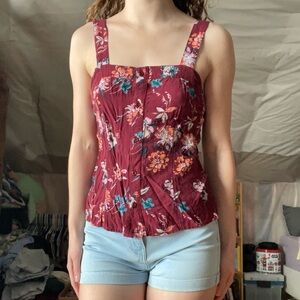 🍓 Red Floral Tank Top, Modest Summer Tops, Flowy, Button Up Women’s Shirts